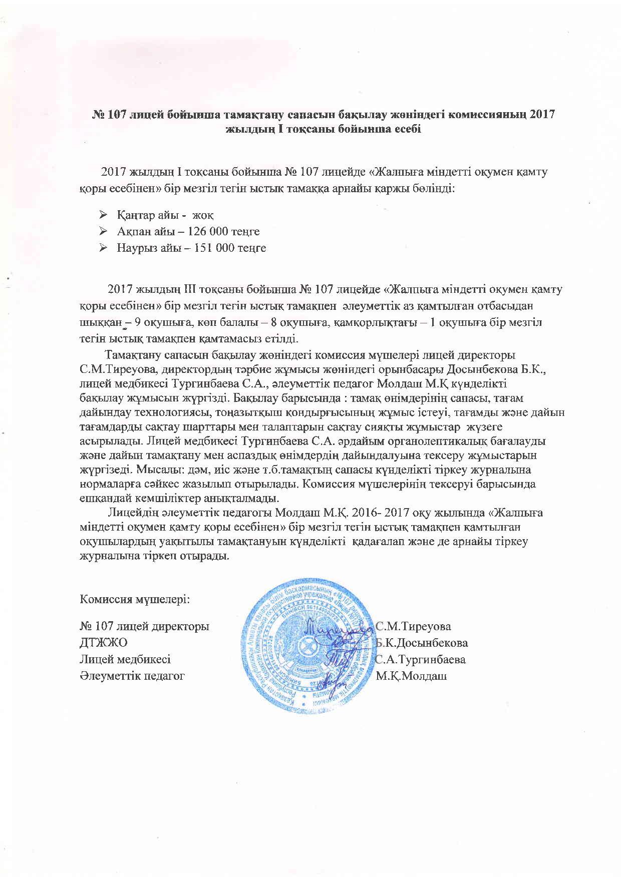 Тамақтандырау сапасын бақылау комиссиясының есебі 1-тоқсан
