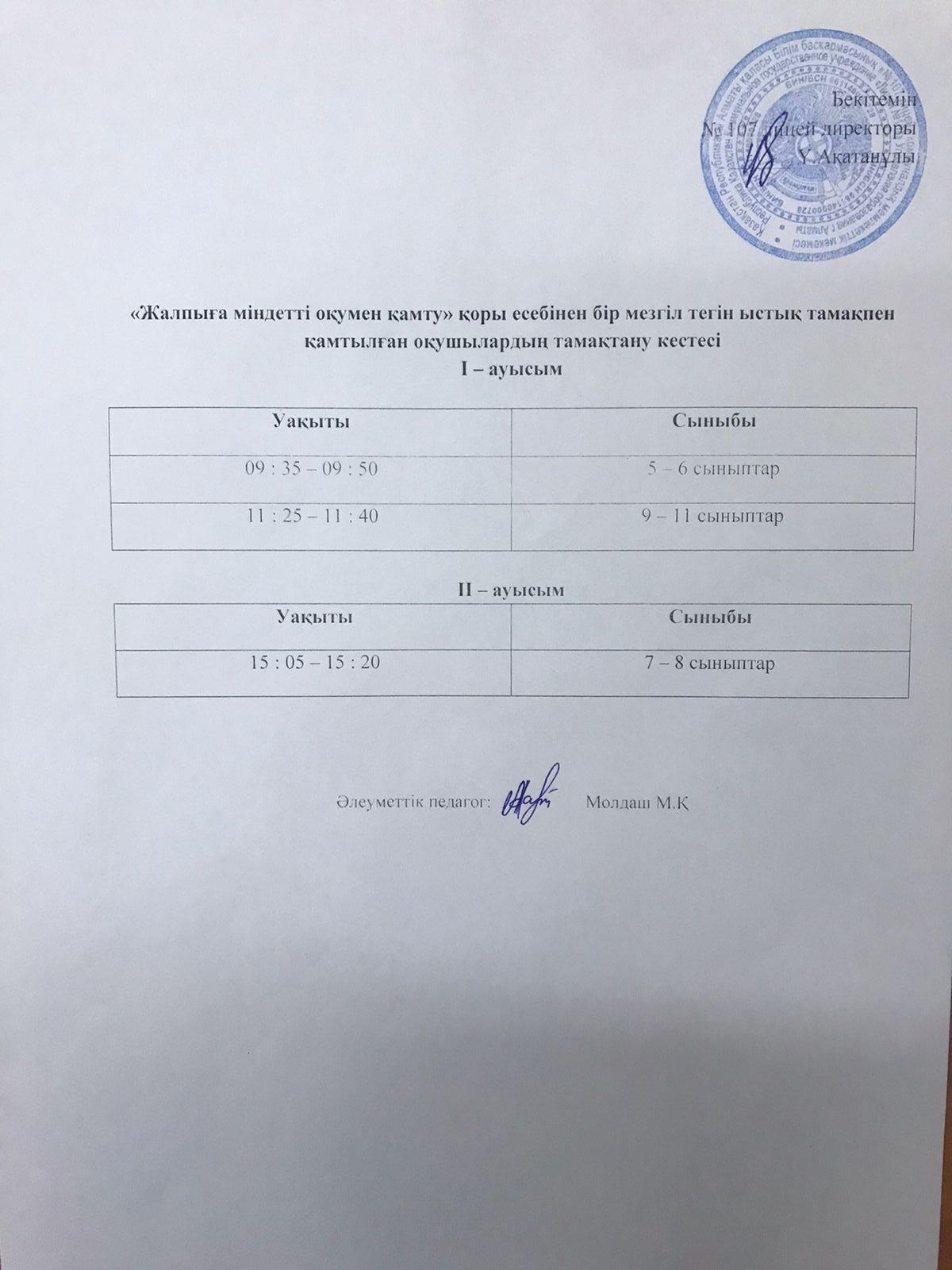Оқушылардың асханада тамақтану кестесі