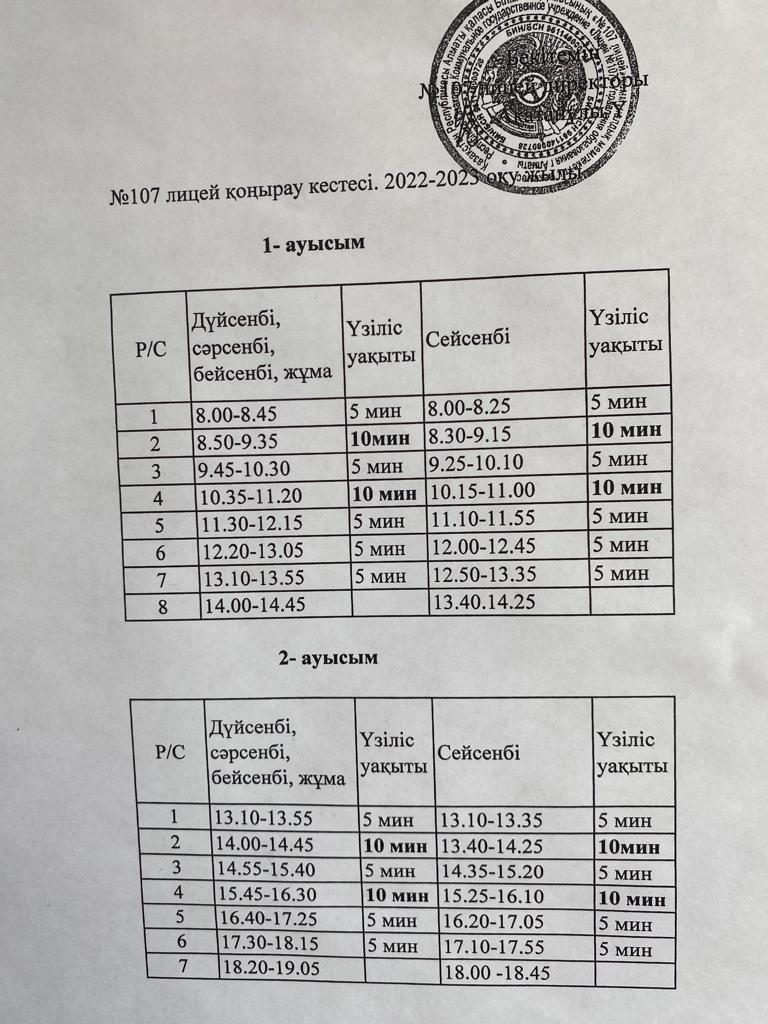 Қоңырау кестесі.