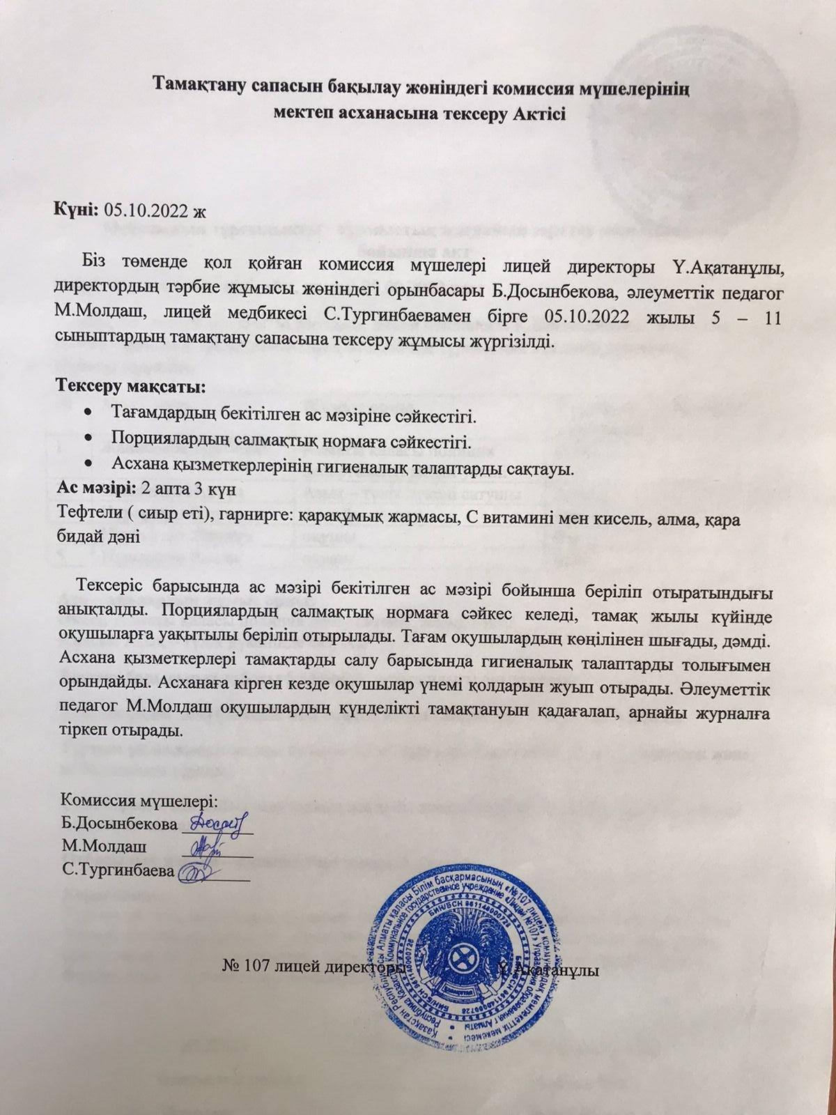 Тамақтану сапасын бақылау комиссиясының актісі