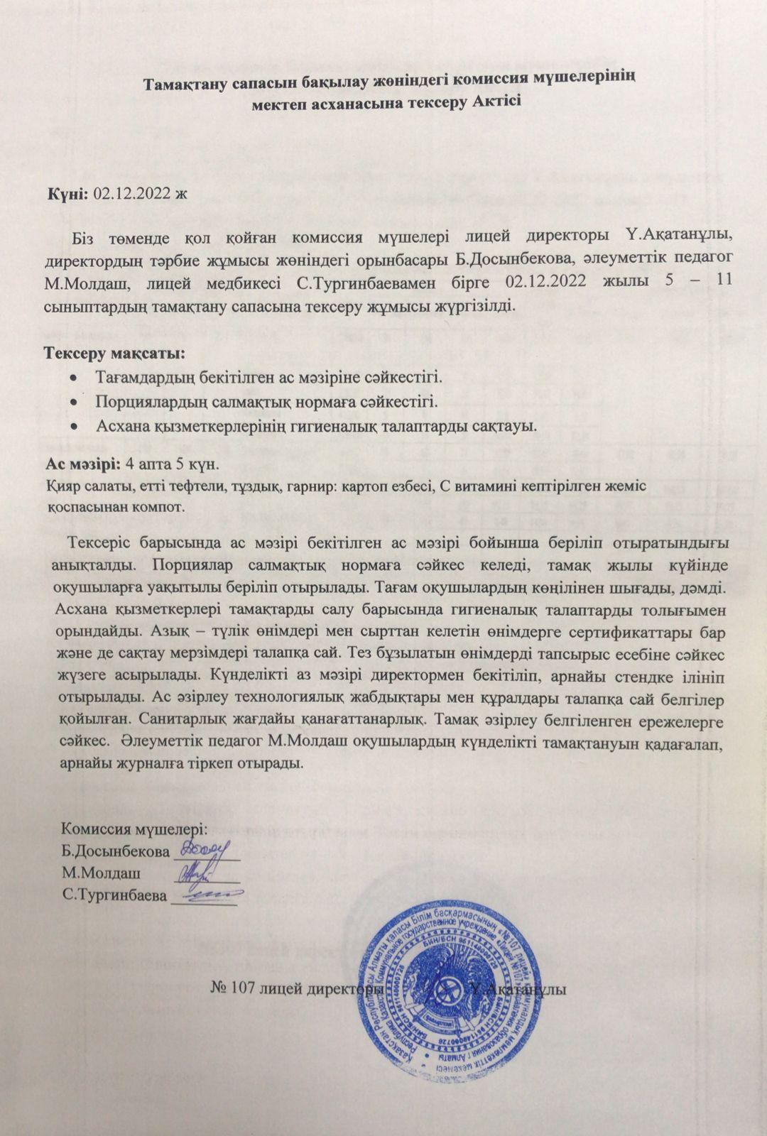 тамақтану сапасын бақылау комиссия есебі