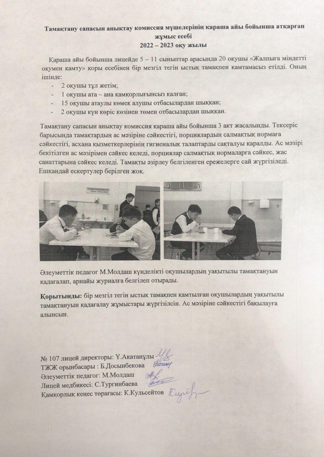тамақтану сапасын анықтау комиссия есебі қараша айы