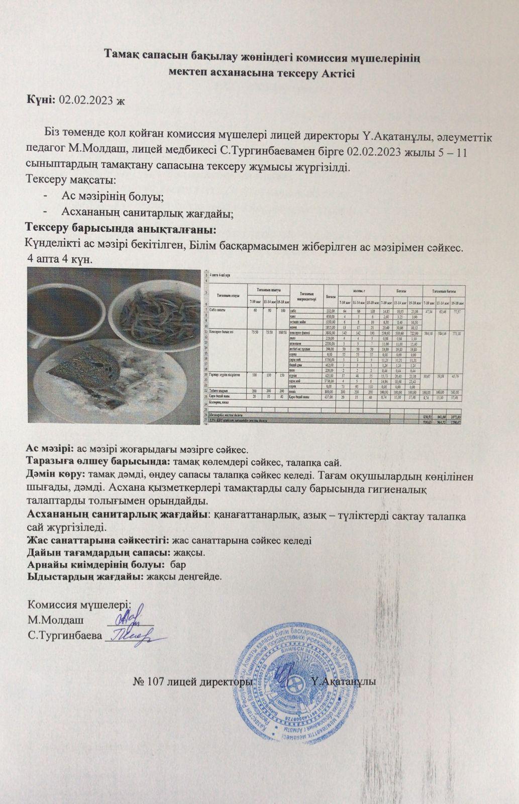 Тамақтану сапасын анықтау комиссия актісі