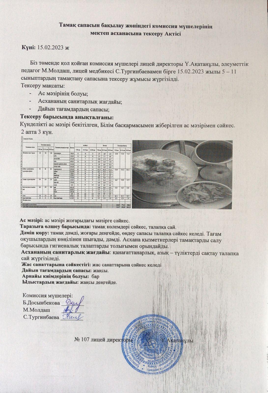 Тамақтану сапасын анықтау комиссия актісі