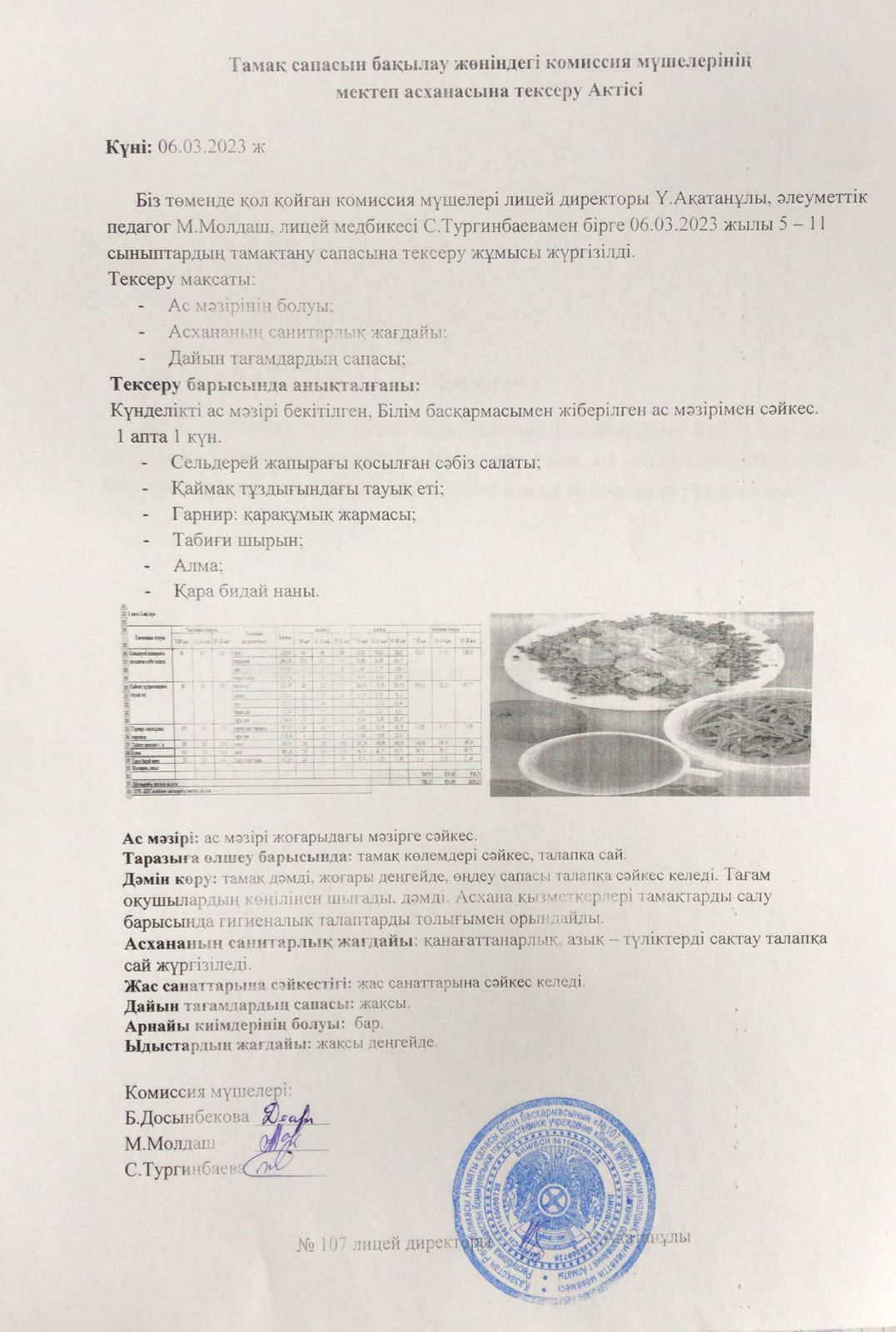 Тамақтану сапасын бақылау комиссия мүшелерінің актісі