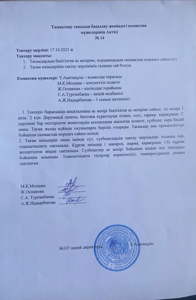 Тамақтану сапасын бақылау комиссия актісі