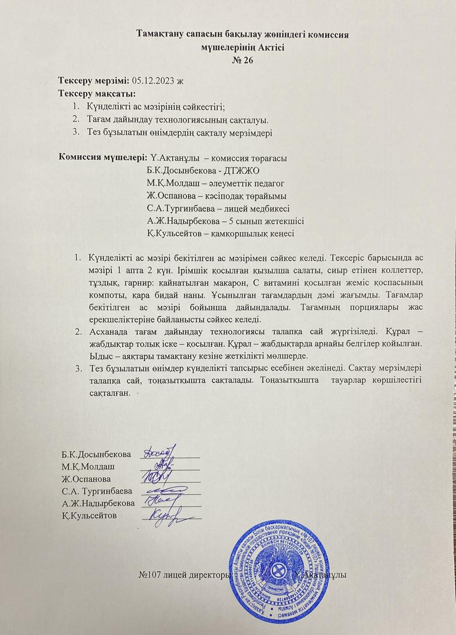 Тамақтану сапасын бақылау комиссия актісі