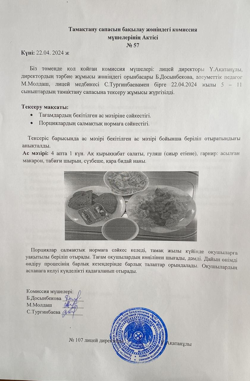 Тамақтану сапасын бақылау комиссия актісі