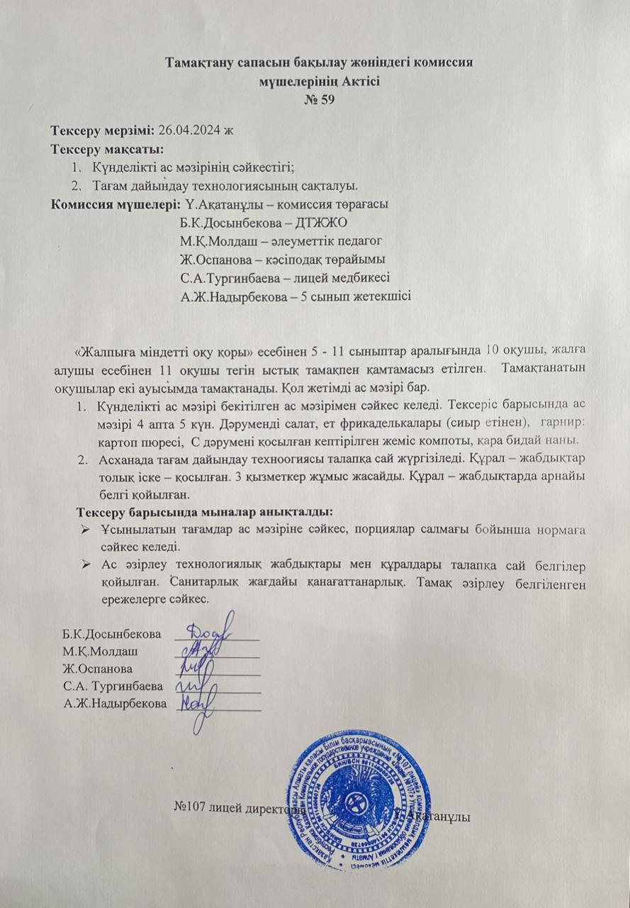 Тамақтану сапасын бақылау комиссия актісі
