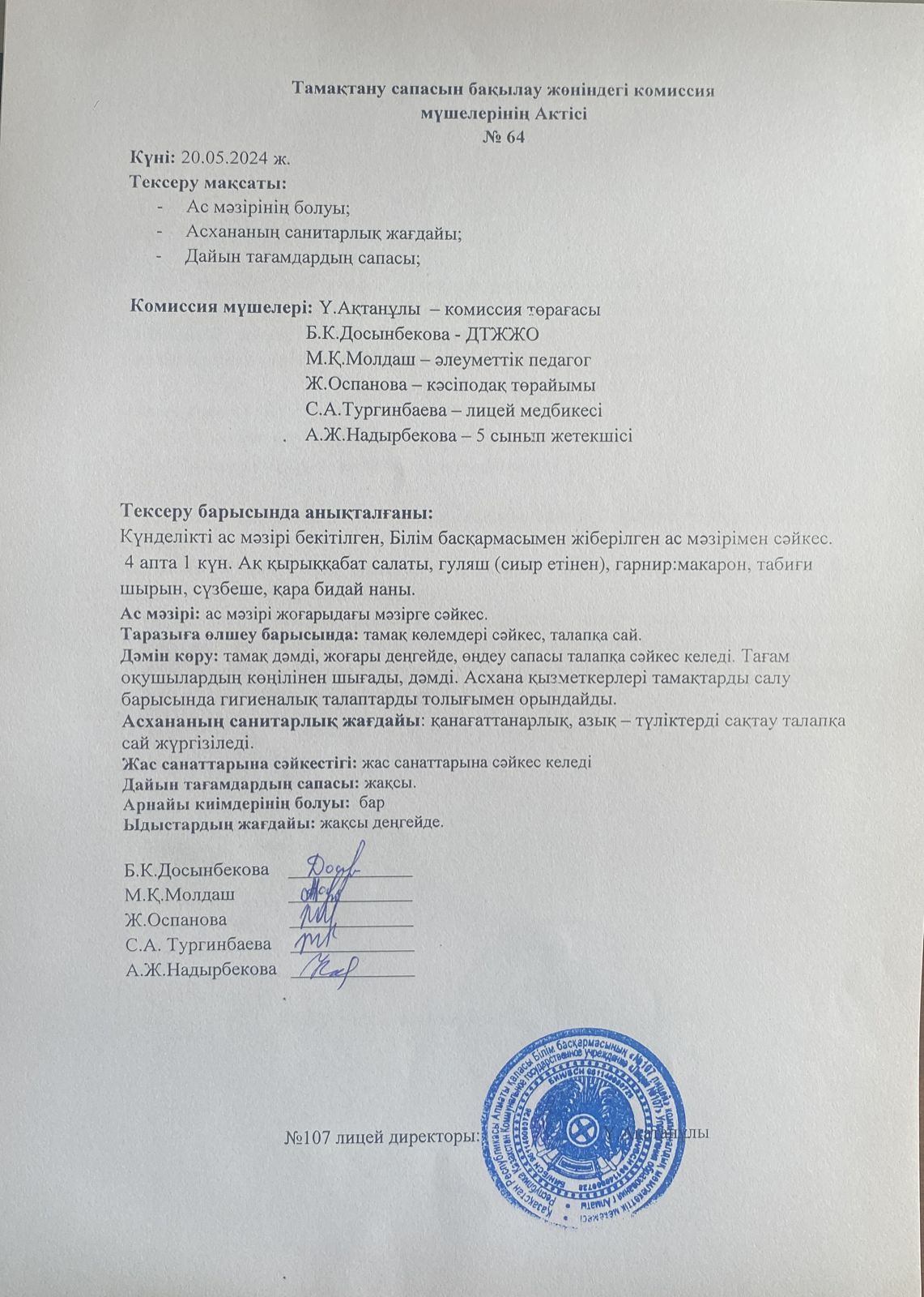 Тамақтану спасын бақылау комиссия актісі