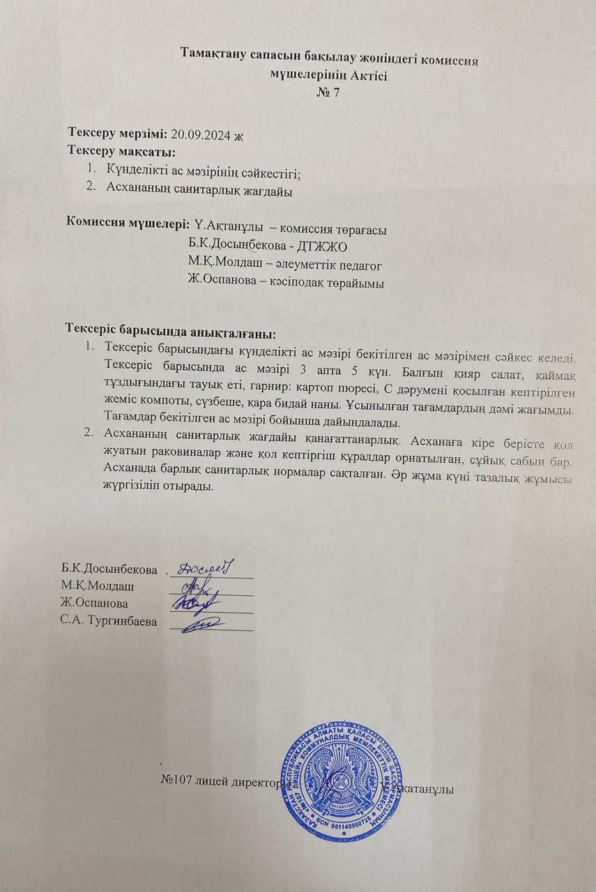 Тамақтану сапасын бақылау комиссия актісі