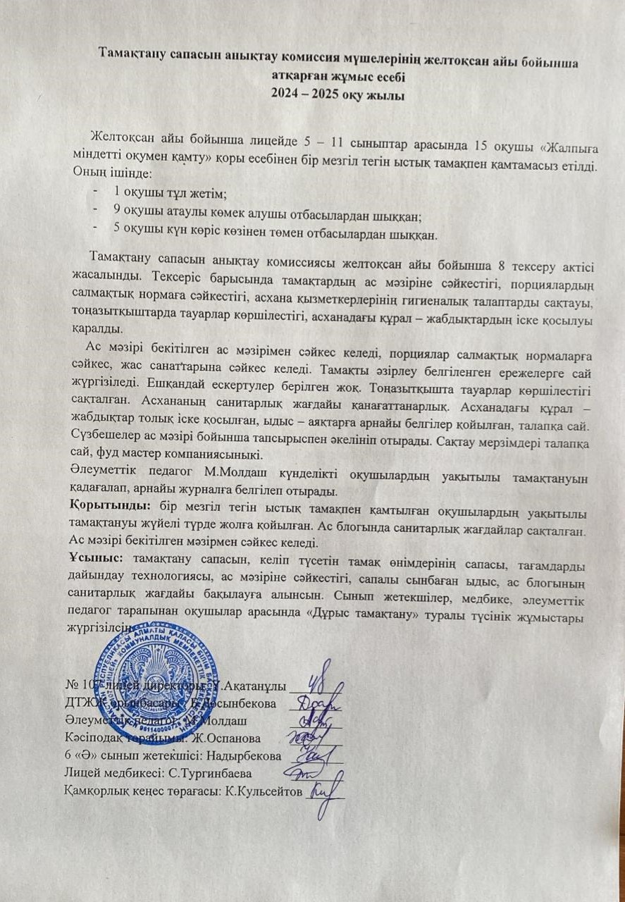 Тамақтану сапасын бақылау комиссия есебі