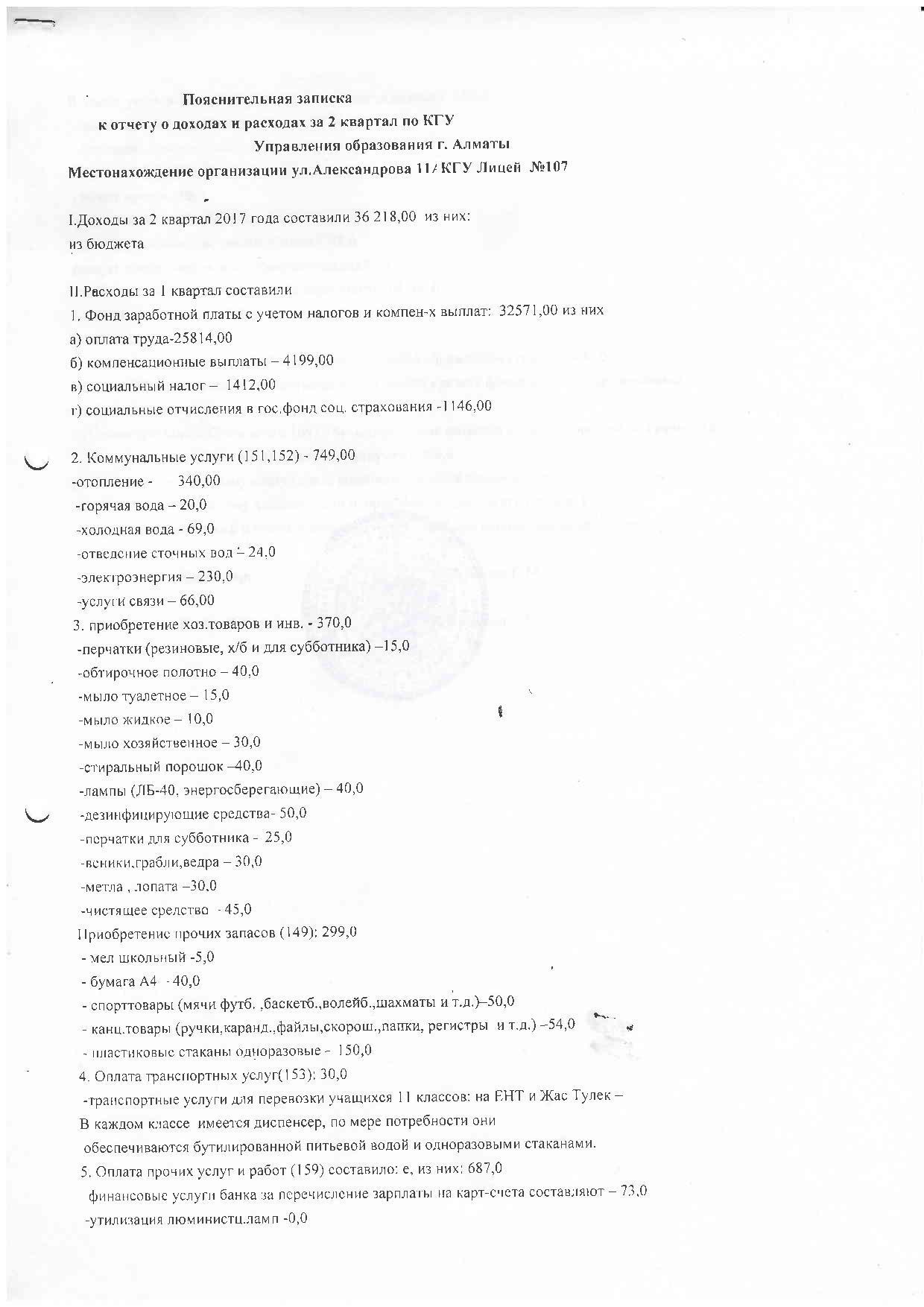 Отчет о доходах и расходах за 2 кв 2017