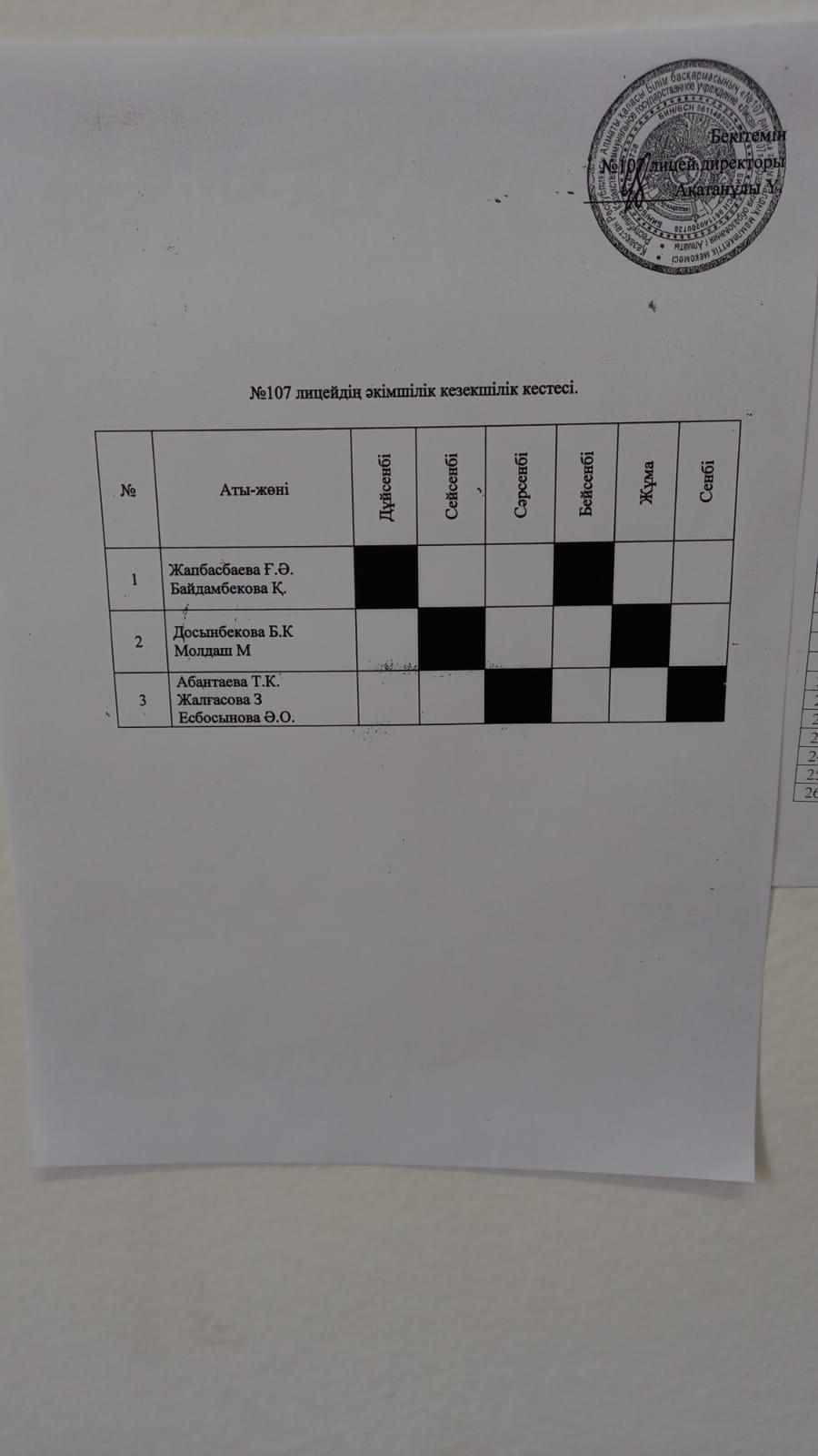 Әкімшілік кезкшілік кестесі