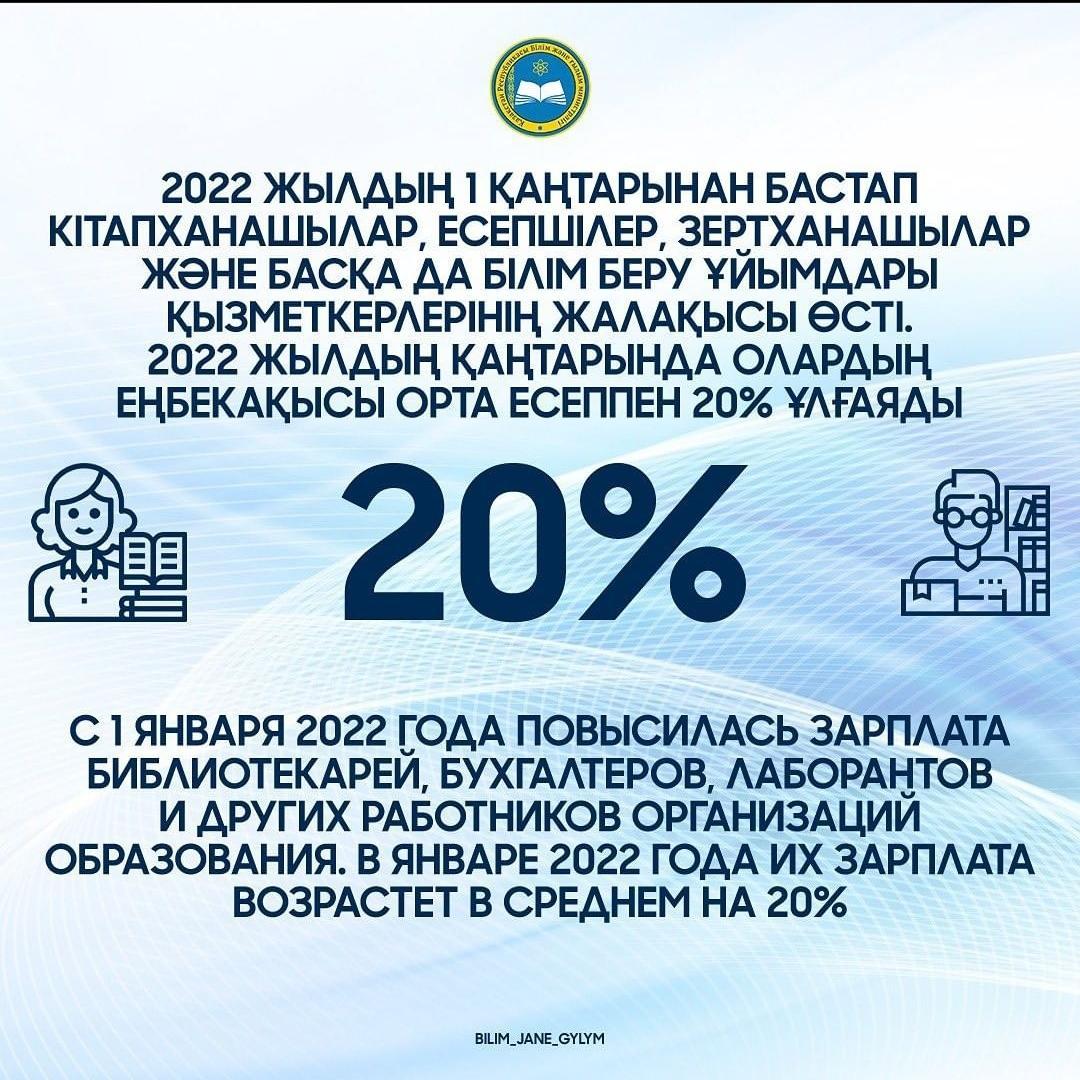 2022 жылдың 1 қаңтарынан бастап кітапханашылар, есепшілер, зертханашылар және басқа да білім беру ұйымдары қызметкерлерінің жалақысы өсті.