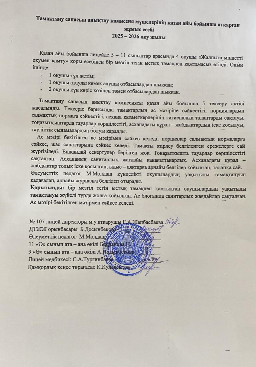 Тамақтану сапасын бақылау комиссия есебі