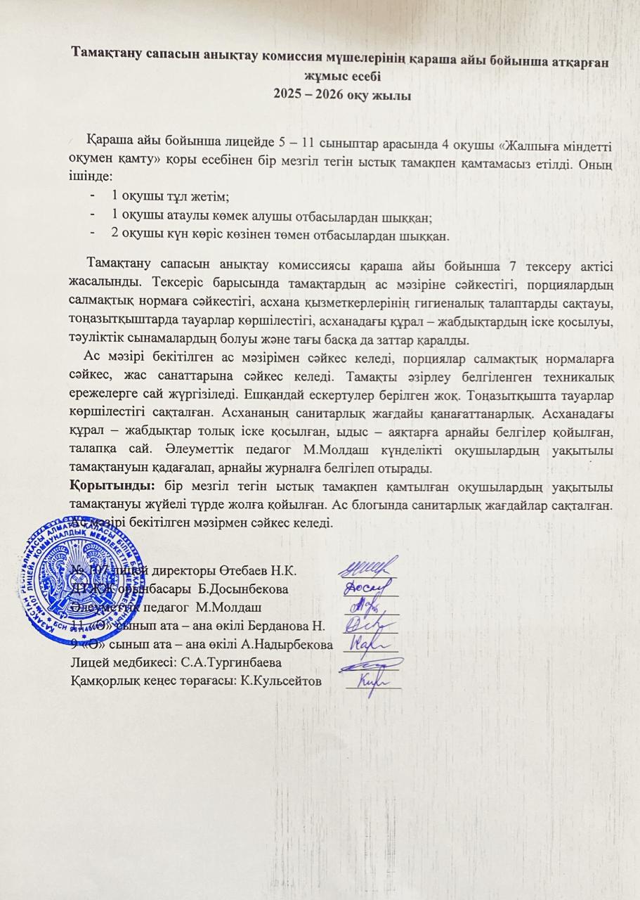 Тамақтану сапасын анықтау комиссия мүшелерінің жұмыс есебі