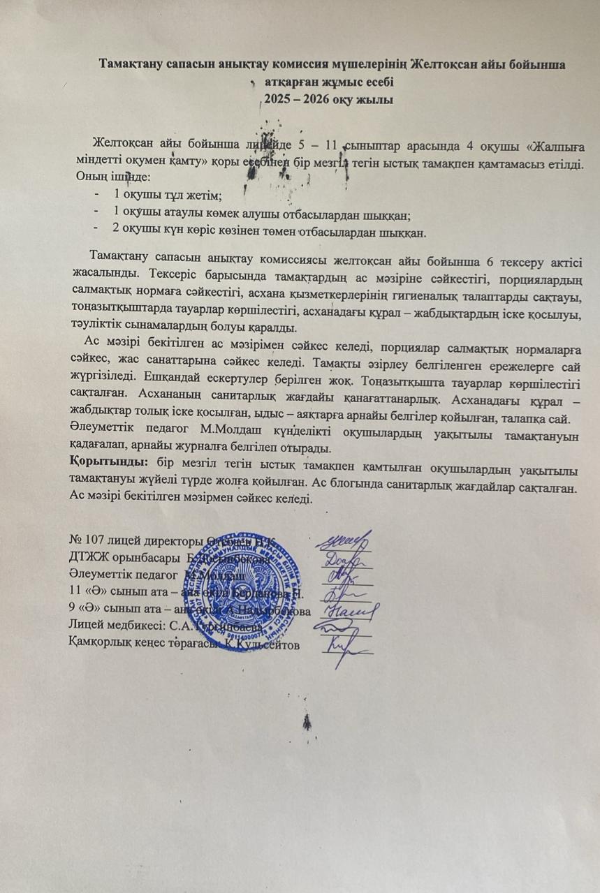 Тамақтану сапасын бақылау комиссия есебі